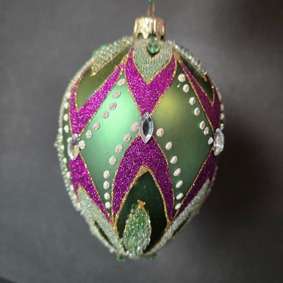Jeweled Green Purple Glass Ornament Hand Decorated 5 Inch Luxury Christmas Decor - Picture 3 of 7